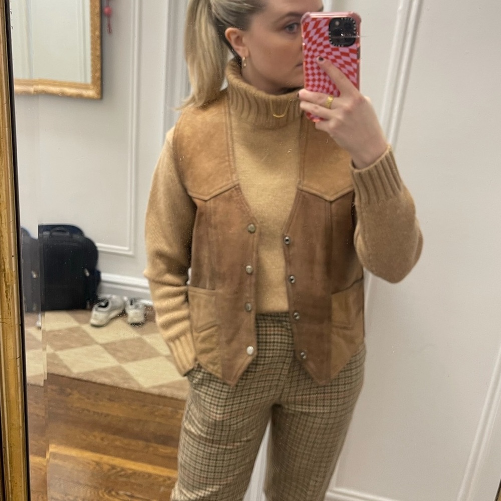 Vintage Color Block Brown and Tan Leather Biker Vest with Snap Buttons